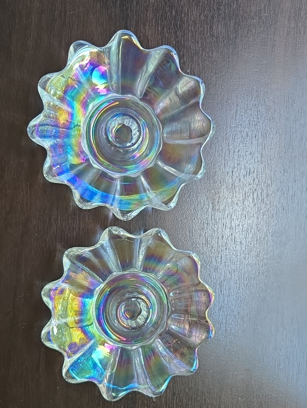 Celestial Pattern Iridescent Carnival  Glass Candle Holders  - Pair